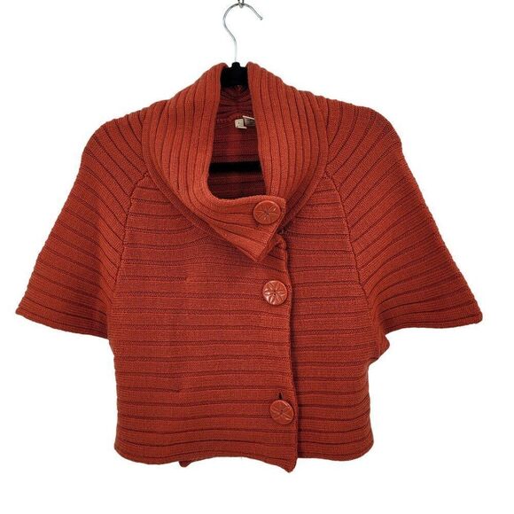 Moth Rust Wool Ribbed Knit Poncho L High Collar Button Cardigan Sweater Cape - Picture 12 of 12